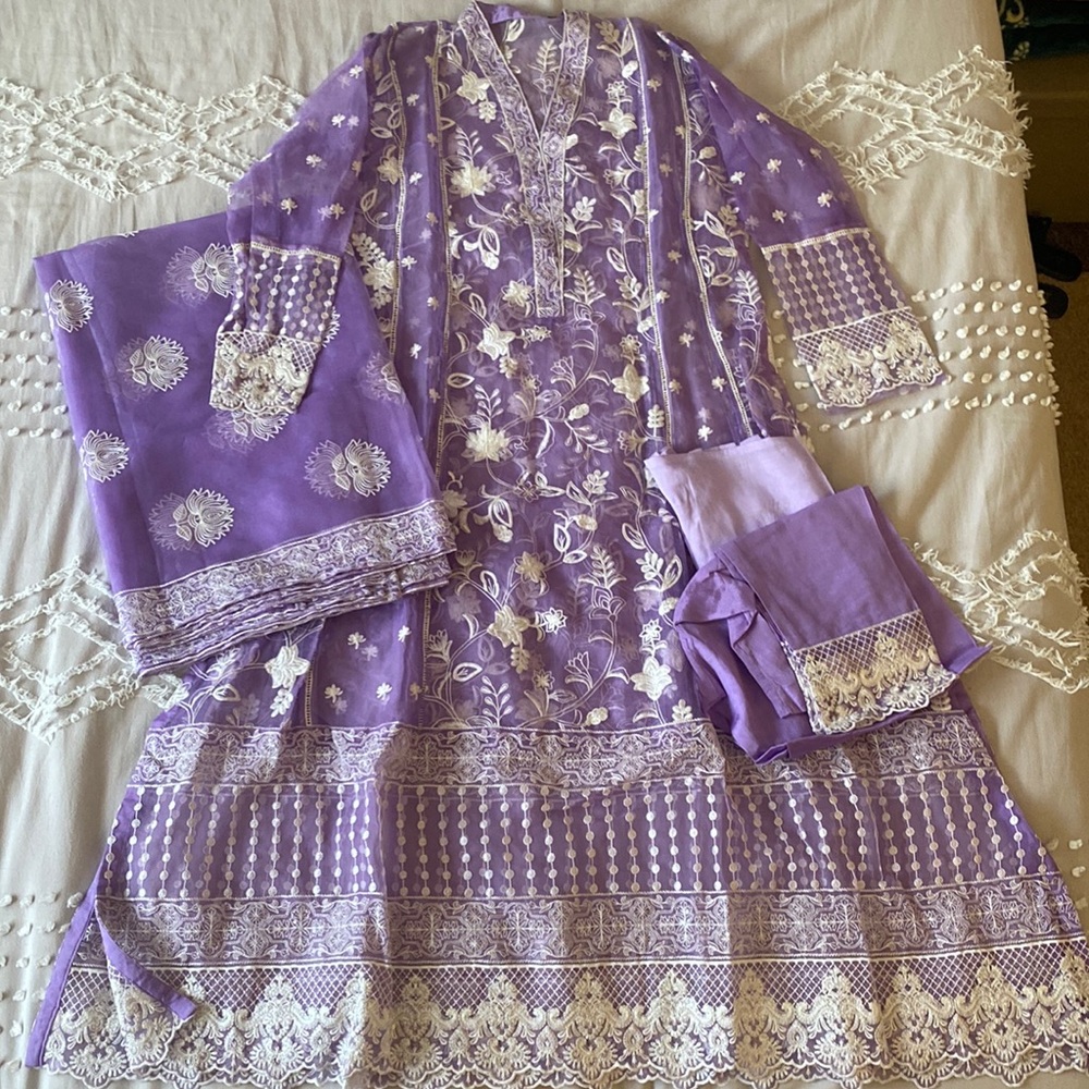 Embroidered lavender anarkali style net frock